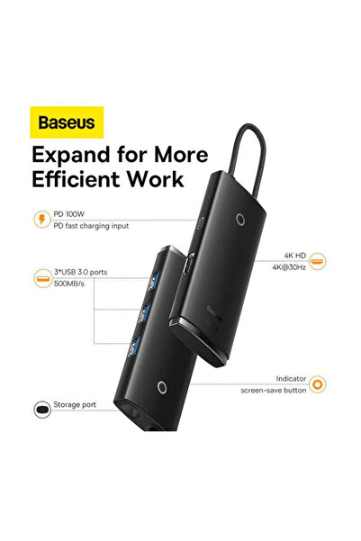 Baseus محطة إرساء موزع من سلسلة Lite بخمسة منافذ من النوع C - أسود (من النوع C إلى HDMI + USB 3.0 * 3 + PD)