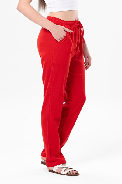 Eliş Şile Bezi Şile Bezi Çift Cepli Unisex Yazlık Pantolon Kırmızı Krmz