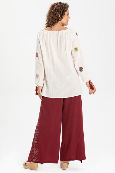 Eliş Şile Bezi Embroidered Şile Cloth, Riddle, Summer Pants and Claret Red Tshirt