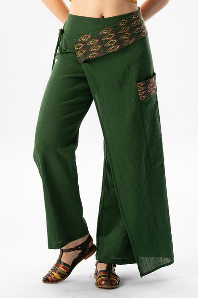 Eliş Şile Bezi Green Embroidered Sile Cloth Authentic Trousers - Summer with Tie Detail