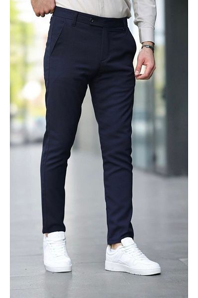 LUMAST Men's Slim Fit Lycra Basic Oldmoney Button Detail Ankle Fabric Trousers