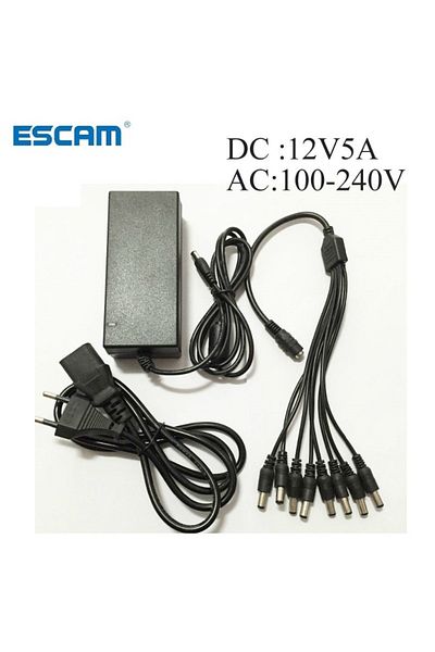Choice Eu plug Escam DC 12V 5A Power Supply Adapter + 8 Split Power Cable for CCTV Security Camera DVR Anal