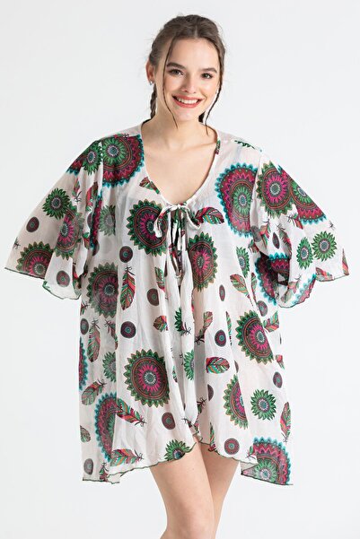 Eliş Şile Bezi Side Vual Summer Pareo Green-White 6197