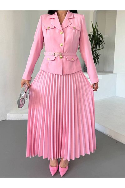 buqre's moda Premium Pleated Gold Buttoned Belted Jacket Skirt Set