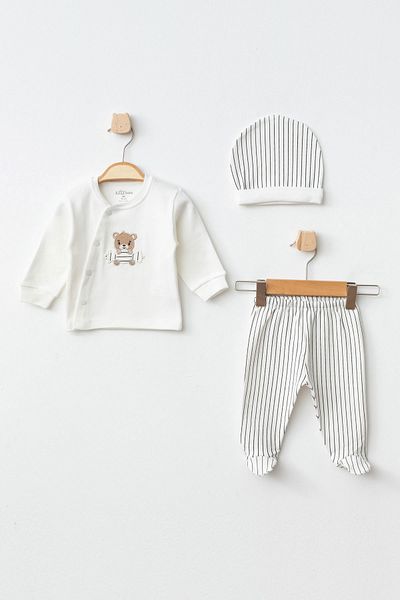 Aziz Bebe Baby Boy Bear Embroidered Cardigan Trousers Beanie 3-Piece Bottom Top Baby Set 0Month-6Months
