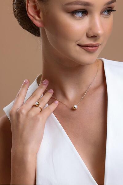 Birinci 14 Ayar Altın 8 mm Tek Doğal İnci Kolye Yüzük İkili Set