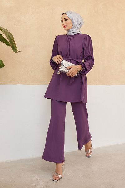 VAVİNOR Pleated Sleeves Trousers Tunic Set - Lilac