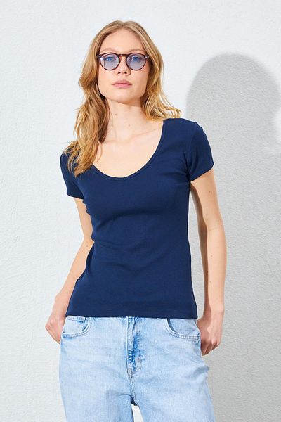 TENA Women's Navy Blue Deep V-Neck Full Lycra Ribbed T-Shirt