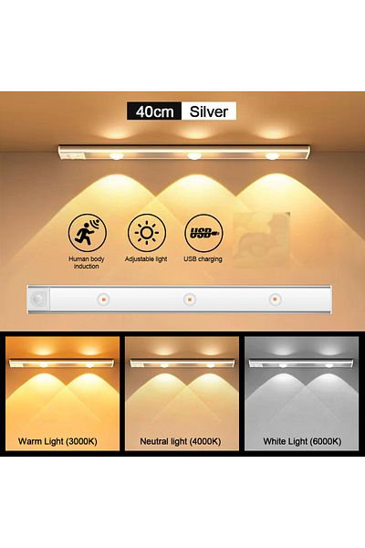 PDQ Silver 40cm 3 colors in one Lamp LED Motion Sensor Wireless Ultra Thin Night Light USB LED Wine cool