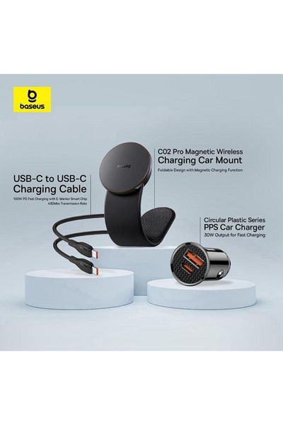 Baseus C02 Pro Series Magnetic Wireless Charging Car Mount Stick-on Type 3-in-1 Set - Cluster Black