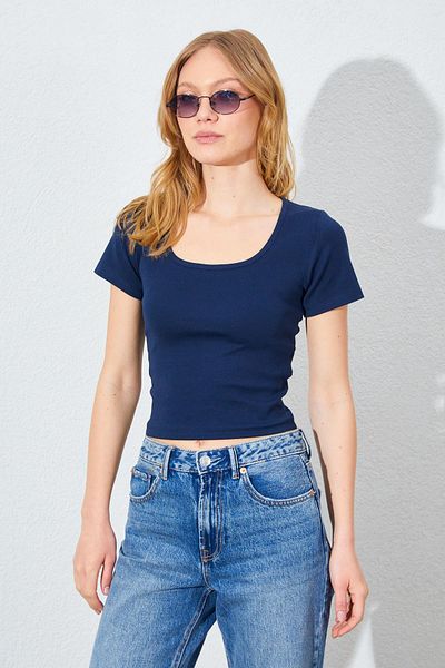 TENA Women's Navy Blue Square Neck Lycra Full Rib T-Shirt