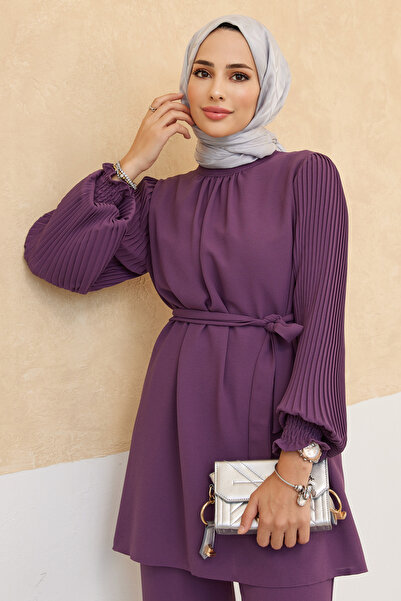 VAVİNOR Kolları Piliseli Pantolon Tunik Takım - Leylak