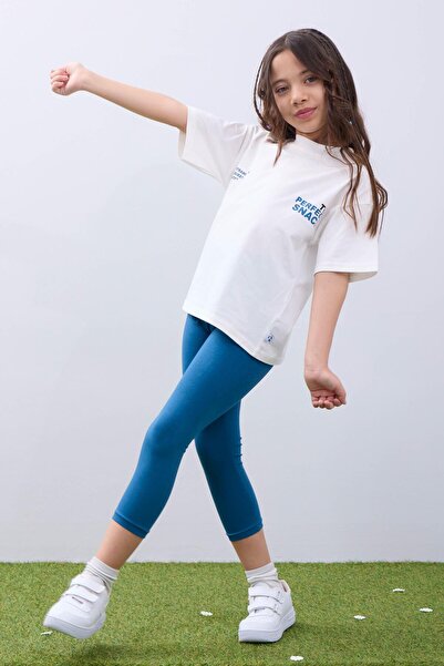 Perendi Κοριτσίστικο μπλουζάκι εκρού και κολάν Petrol Blue - Μαλακό και άνετο καλοκαιρινό σετ