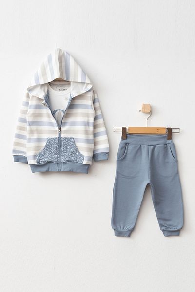Aziz Bebe Starry Balloon Patterned Baby Bottom Top 3-Piece Cardigan Set 3 Months - 36 Months Size