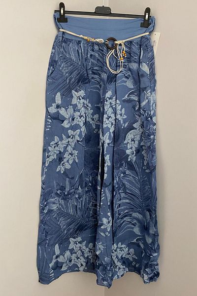 AYASOFYA OTANTIK Women's Italian Indigo Blue Rope Belt Detailed Side Pocket Floral Patterned Wide Leg Linen Trousers