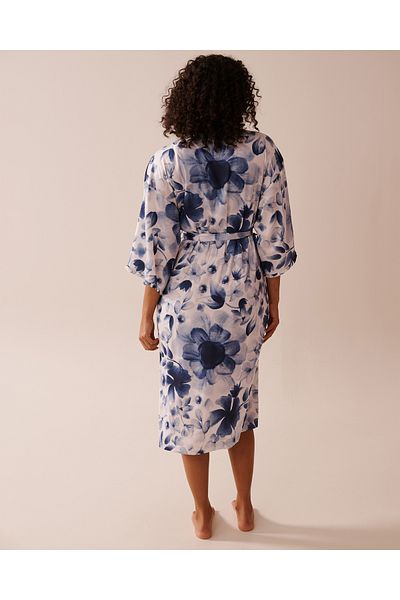 La Vie en Rose Blue Floral Print Frill Detail Satin Kimono