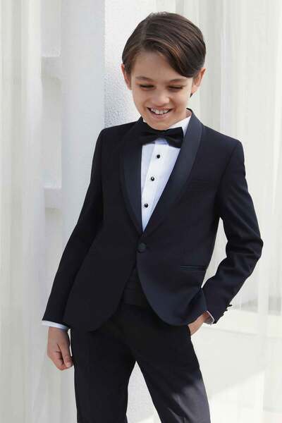 Tween Slim Fit Siyah Düz Smokin Çocuk Takim Elbise