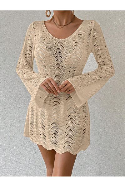 AQE FASHION V-λαιμόκοψη μανίκι καμπάνα χωρίς πλάτη με κορδόνια μινκ χρώμα casual beach φόρεμα