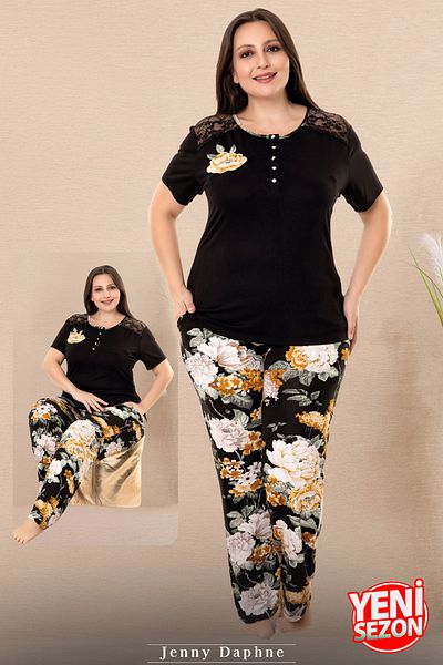 Jenny Daphne Large Size Floral Patterned Short Sleeve Tulle Detailed Viscose Fabric Capri Pajamas Set Lady-10972