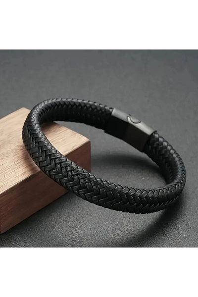 Choice 21cm Black Classic Woven Leather Bracelet, Men's Jewelry Charm Design, Women's Friend Gift, Stainles