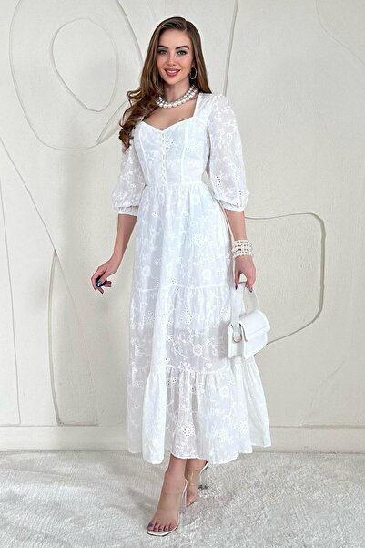 Elbee Fashion Woman Λευκό Κέντημα Φόρεμα - Με Κουμπιά