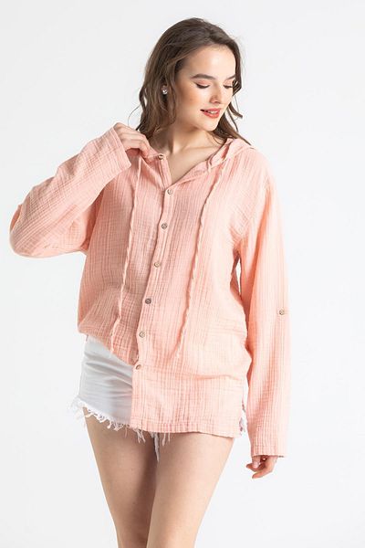 Eliş Şile Bezi Women's Long Sleeve Hooded Summer Muslin Sweatshirt Powder Pdr