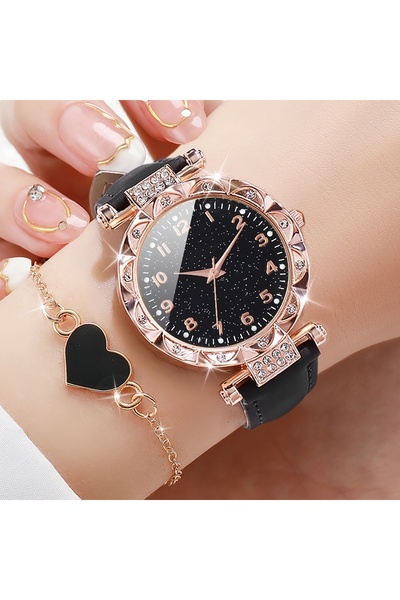 Choice HH10012 2PCS/Set Fashion Rhinestone Women's Quartz Watch Analog PU Leather Band Wrist Watches Heart