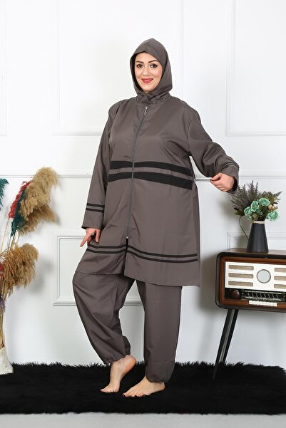 Moda Çizgi Kadın Büyük Beden Tesettür Mayo 7XL-8XL-9XL-10XL Füme 55010