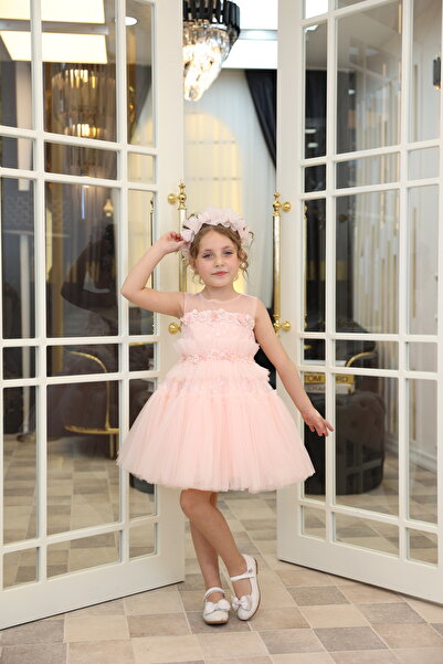 MİSS RAİN BÜZGÜLÜ YILDIZ DESENLİ NAKIŞ İŞLEMELİ TÜL KIZ ÇOCUK ABİYE ELBİSE