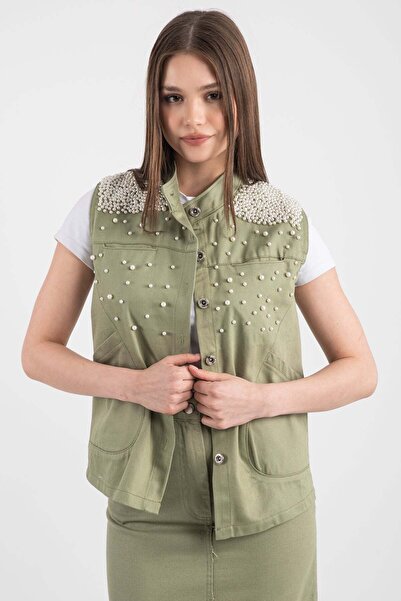 Hatun Atila Жіночий жилет з джинсової тканини з перламутровими деталями на плечах 7790 - зелений