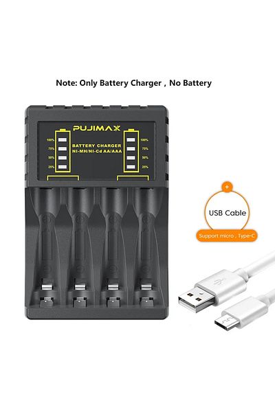 congdi Black AA/AAA Battery Charger 4 Slots Intelligent LED Indicator USB C Micro Charger for Ni-MH/Ni-Cd R