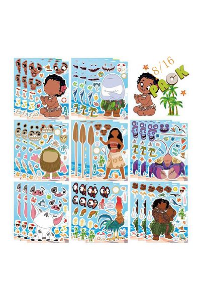 Choice 16PCS 8/16Sheets Disney Cartoon Moana DIY Make a Face Puzzle Stickers DIY Children Cartoon Funny Ass