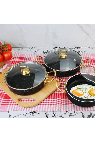 MEŞELER 3 Piece Granite Omelet Pan Set - Black Gold