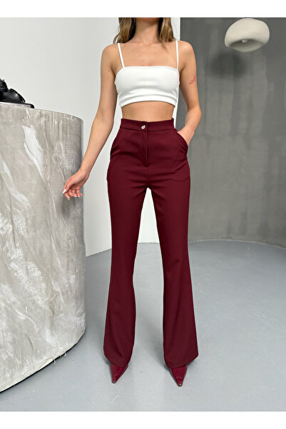 Genel Markalar Yüksek Bel Geniş Paça Bordo Pantolon