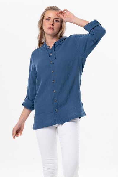 Eliş Şile Bezi Long Sleeve Hooded Women's Summer Muslin Sweatshirt Indigo indg