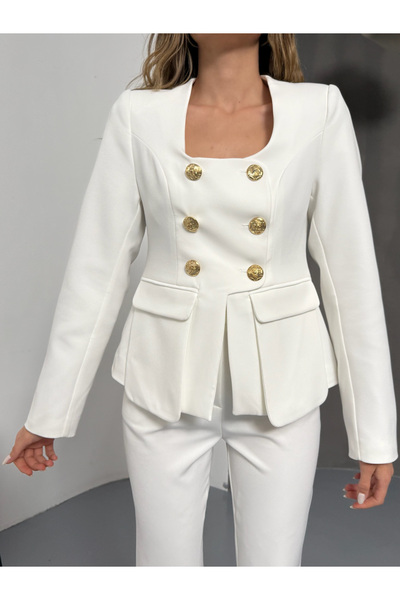 Milamia Jachetă albă Gold Button decolteu pătrat