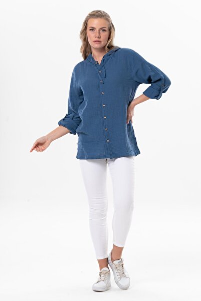 Eliş Şile Bezi Γυναικεία καλοκαιρινή μουσελίνα φούτερ με μακρυμάνικη κουκούλα Indigo indg