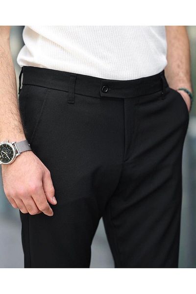 LUMAST Men's Slim Fit Lycra Basic Oldmoney Button Detail Ankle Fabric Trousers