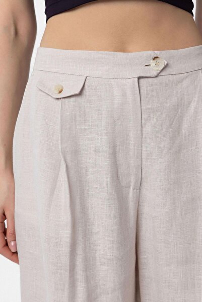 Antioch Beige 100% Linen High Waist Pleated Women's Trousers