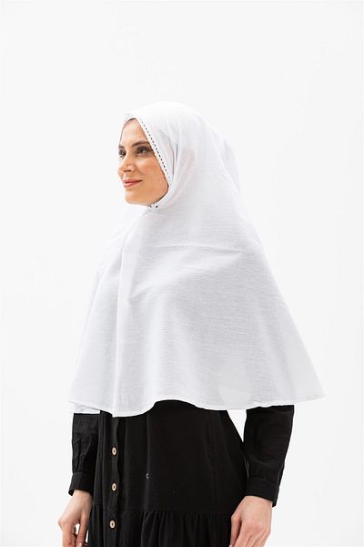 Eliş Şile Bezi وشاح رأس Umrah من القماش سهل الربط باللون الأبيض مع تفاصيل مطاطية ودانتيل