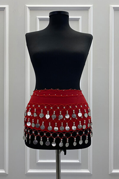 ZEYMERADE Kırmızı Gümüş Şakira Oryantal Dansöz Dans Kemeri Pullu Zilli Kına Oyun Eğlence Nedime Düğün Shakira