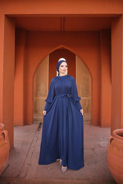 Nissra Ankanoor Navy Blue Raglan Sleeve Gathered Dress Anka 255072
