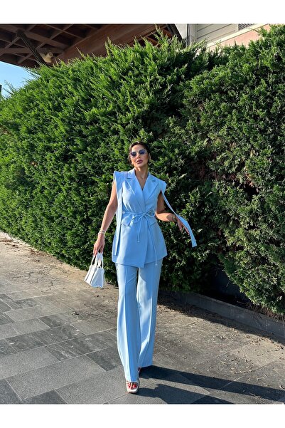 buqre's moda Σετ παντελόνι με δεμένο διπλό ζωσμένο γιλέκο