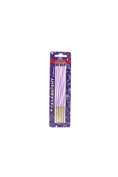 BM GİFT DESİGN Set 6 lumânări pentru tort, Celebright, alb-mov, bază aurie, 15 cm