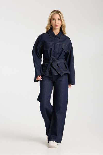 CARLOOG JEANS Bağlamalı Lacivert Ceket Pantolon Denim Takım