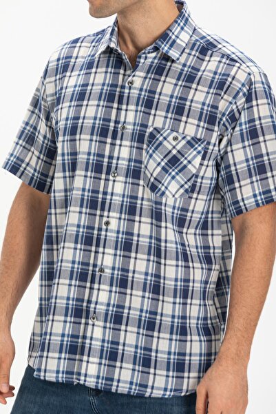 Eliş Şile Bezi Короткий рукав Шіле Тканина Один кишеню Чоловічий Літній сорочка Синій Картатий 3058