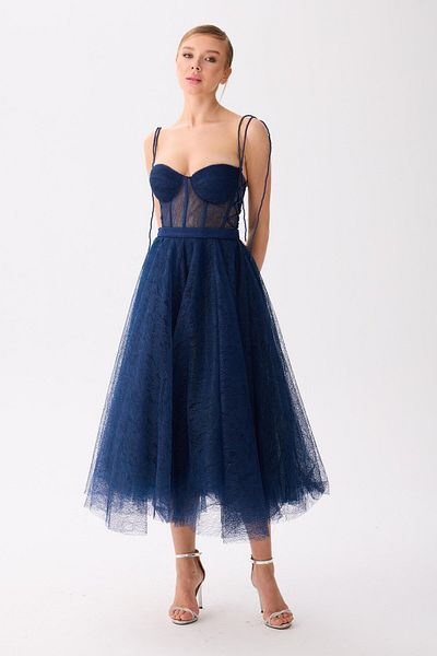 Carmen Navy Blue Midi Lace Evening Dress