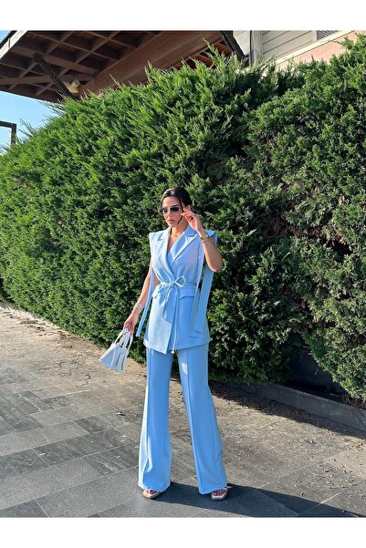 buqre's moda Σετ παντελόνι με δεμένο διπλό ζωσμένο γιλέκο