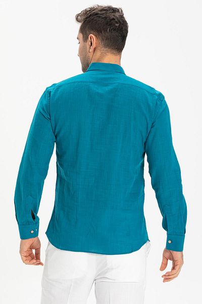 Eliş Şile Bezi Μακρυμάνικο Skinny Fit ύφασμα Sile, Ανδρικό καλοκαιρινό πουκάμισο μονής τσέπης, Petrol 3053