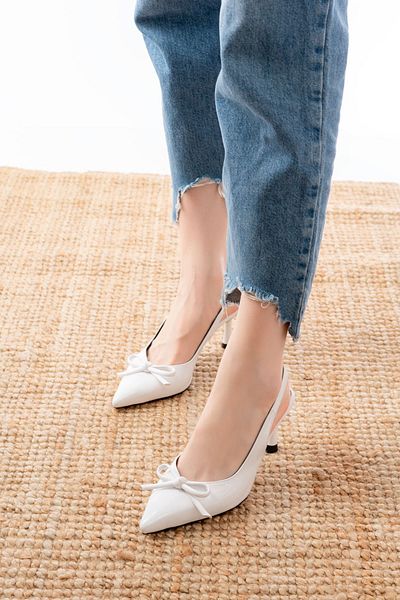 serkanseyyid Inf-4500 White Patent Leather Daily Open Back Bow Heeled Shoes